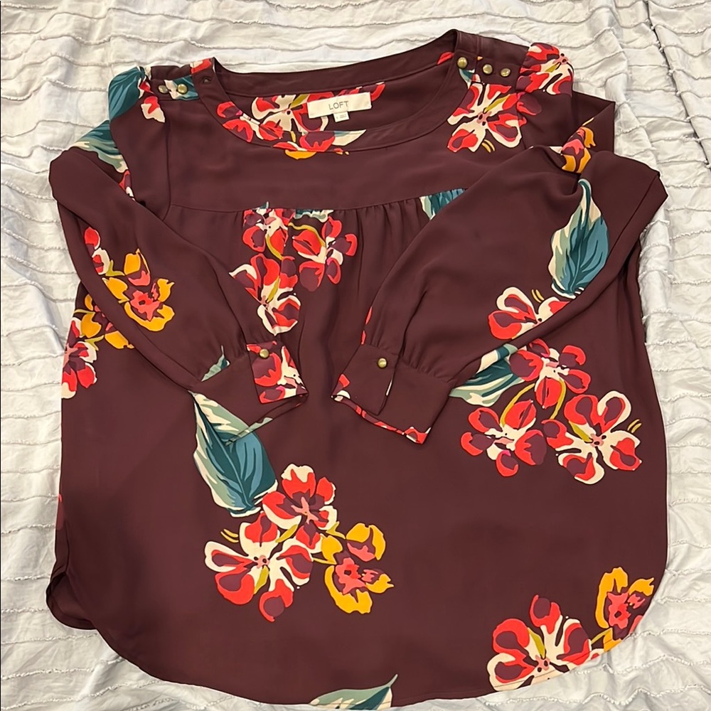LOFT Red Floral long Sleeve Blouse